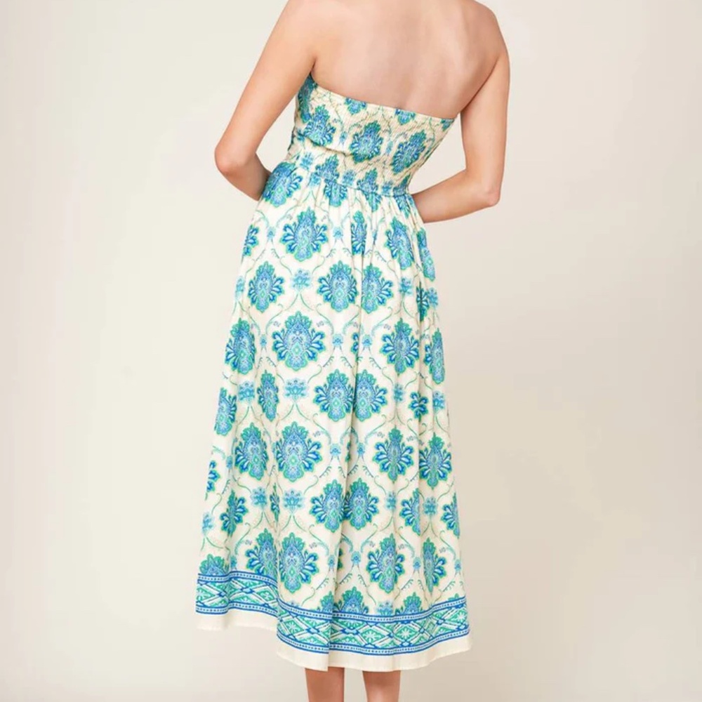 Flying Tomato Strapless Midi Dress in White with Blue & Teal Floral Print - Picture 7 of 8